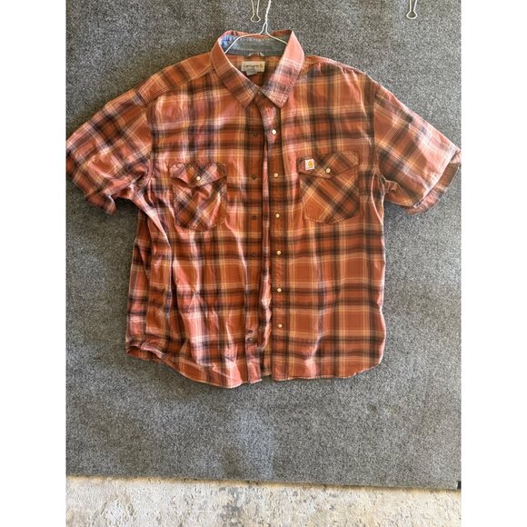 Carhartt Mens 2XL Relaxed Fit Plaid Short-Sleeve Button-Up Shirt Orange/Brown - Picture 2 of 10